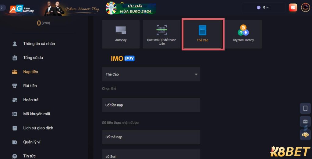 Nạp tiền tại K8BET